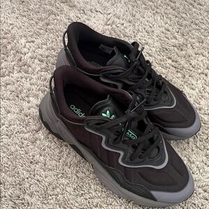 Adidas Black and Gray Shoes with Green Highlights